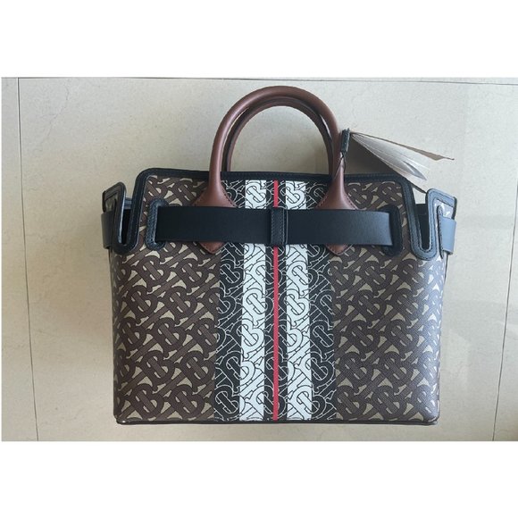 BURBERRY E Canvas Monogram Stripe Small Belt Tote Brown Handbag Bag 8019351 New - Picture 8 of 11